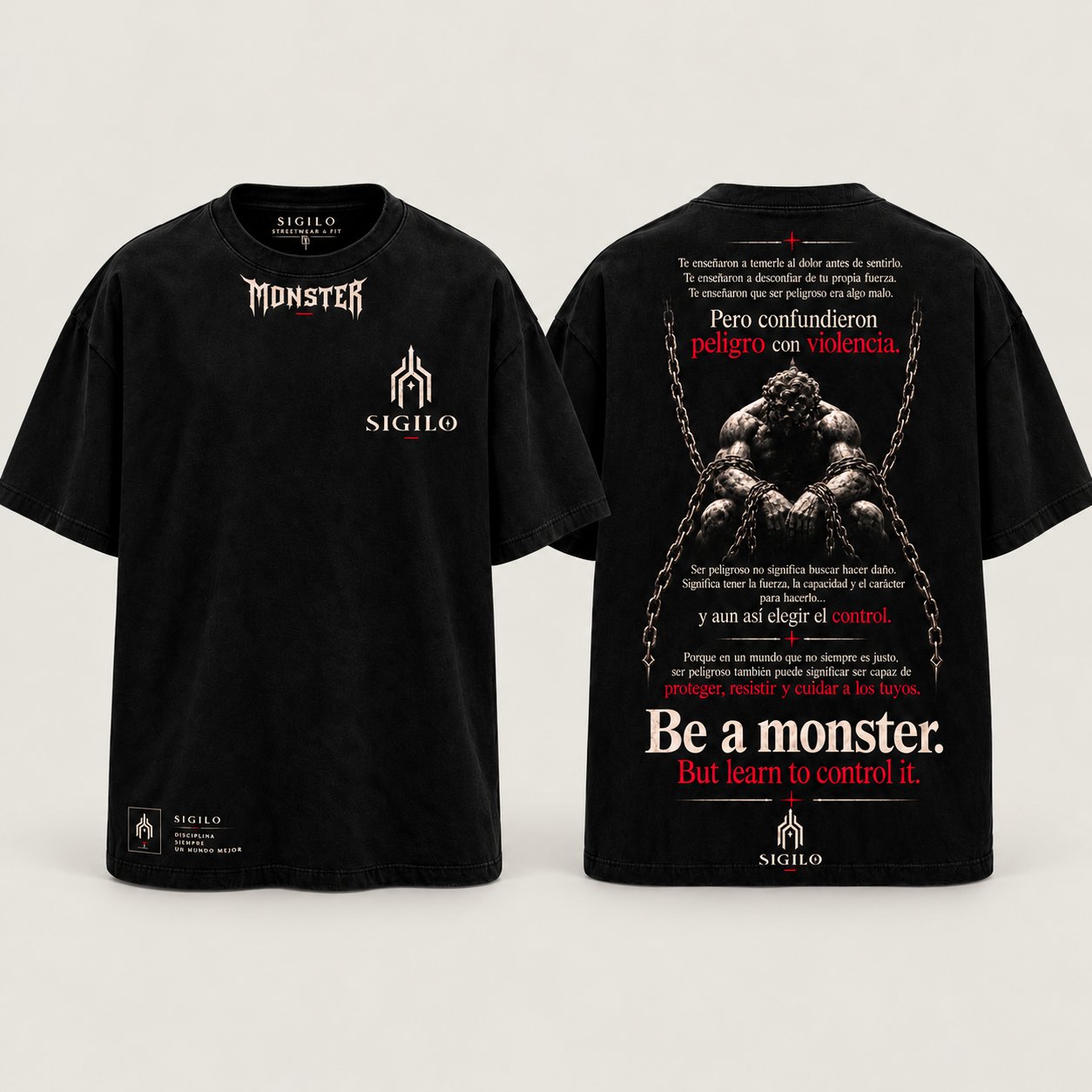 Playera SIGILO 002 · Be a Monster, mockup en negro