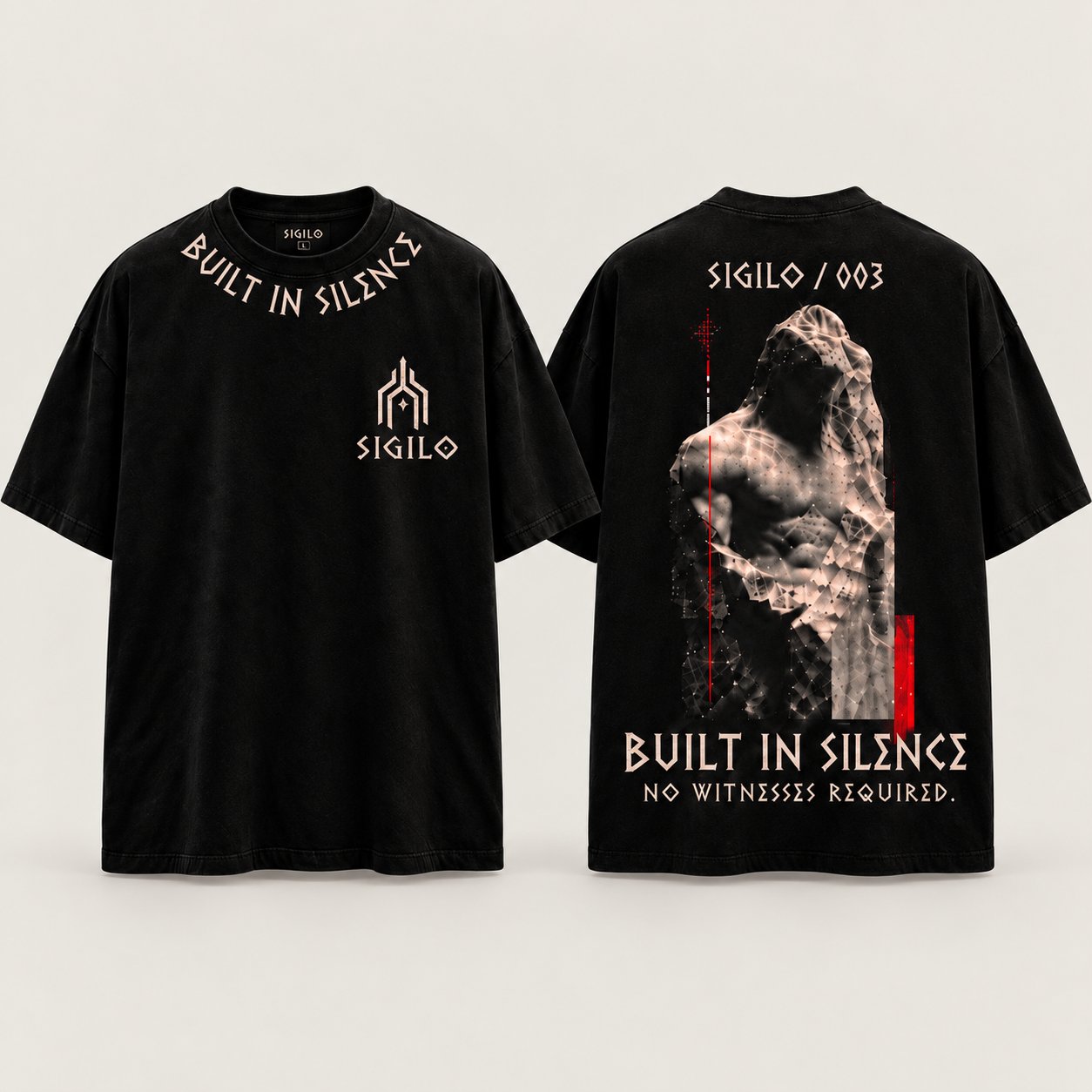 Playera SIGILO 003 · Built in Silence, mockup en negro