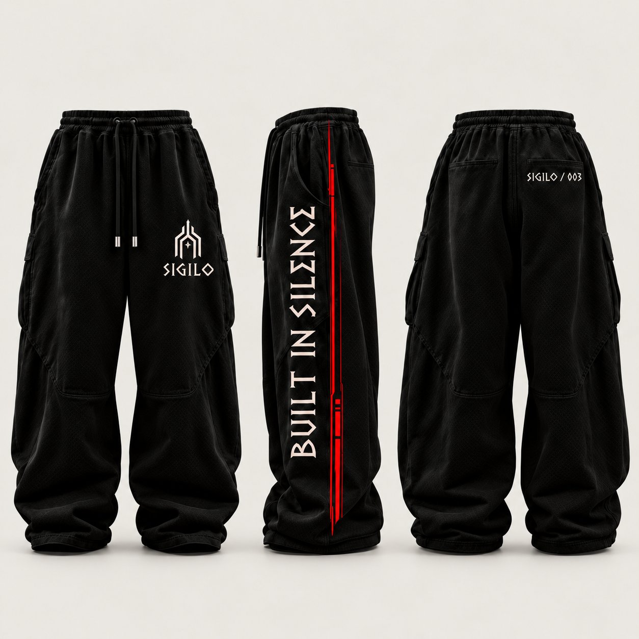 Pants SIGILO 003 · Built in Silence, mockup en negro