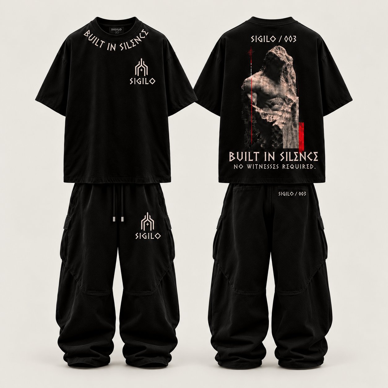 Set SIGILO 003 (playera y pants), mockup en negro